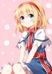  1girl alice_margatroid ascot bangs blonde_hair blue_dress blue_eyes blush capelet closed_mouth commentary_request dress eyebrows_visible_through_hair feet_out_of_frame frilled_ascot frilled_sash frills hair_between_eyes hairband hands_on_lap highres looking_at_viewer patterned_background petticoat pink_background puffy_short_sleeves puffy_sleeves red_hairband red_neckwear red_sash ruu_(tksymkw) sash short_hair short_sleeves sitting smile solo touhou white_capelet 