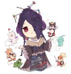  1girl bare_shoulders belt belt_buckle black_dress braid breasts buckle cait_sith chibi cleavage closed_mouth dress final_fantasy final_fantasy_x full_body fur_collar hair_ornament hair_over_one_eye hair_stick jewelry kawasumi_(pixiv326156) lipstick long_hair long_sleeves looking_at_viewer lulu_(ff10) makeup mole mole_under_mouth moogle moomba necklace off-shoulder_dress off_shoulder onion_knight pupu_(ff8) purple_hair purple_lipstick red_eyes sabotender smile solo stuffed_toy wide_sleeves 