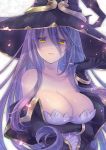  1girl black_gloves black_hat bracelet breasts cleavage collarbone commentary_request elbow_gloves eyebrows_visible_through_hair gloves goblin_slayer! hat holding holding_pipe jewelry large_breasts long_hair looking_at_viewer mole mole_under_eye pipe purple_hair smile solo soukuu_kizuna very_long_hair witch_(goblin_slayer!) witch_hat yellow_eyes 