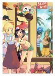  2boys 2girls bag baseball_cap beanie black_hair black_shirt blonde_hair blue_sky bow capri_pants closed_eyes clouds creatures_(company) dark_skin dark_skinned_male dress game_freak gen_7_pokemon green_eyes green_hair green_shorts handbag hat hau_(pokemon) highres lillie_(pokemon) litten long_hair malasada mizuki_(pokemon) multiple_boys multiple_girls nintendo open_mouth pants pink_bow pokemon pokemon_(creature) pokemon_(game) pokemon_sm ponytail popplio red_hat ririmon rowlet shirt short_hair short_sleeves shorts skirt sky standing striped striped_shirt tied_shirt white_shirt white_skirt window you_(pokemon) 