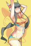  1girl armpits arms_up bangs black_hair blue_eyes blunt_bangs breasts creatures_(company) eric_muentes game_freak gym_leader halter_top halterneck headphones kamitsure_(pokemon) looking_at_viewer midriff nintendo pokemon pokemon_(game) pokemon_bw2 revealing_clothes short_hair_with_long_locks shorts small_breasts solo 
