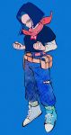  1boy android_17 belt black_hair black_shirt blue_background blue_eyes blue_pants clenched_hands denim dragon_ball dragonball_z full_body highres jeans long_sleeves looking_at_viewer medium_hair pants red_scarf scarf shirt shoes short_sleeves simple_background smile solo torn_clothes torn_jeans torn_pants uzuta 