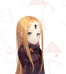  1girl abigail_williams_(fate/grand_order) bangs black_bow black_dress blonde_hair blue_eyes blush bow closed_mouth dress fang fang_out fate/grand_order fate_(series) keyhole long_hair md5_mismatch no_hat no_headwear orange_bow parted_bangs polka_dot polka_dot_bow simple_background smile solo sugar_(dndi888) upper_body very_long_hair white_background 
