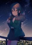  1girl achiki bangs black_skirt blurry blurry_background brown_eyes brown_hair can commentary_request depth_of_field eyebrows_visible_through_hair falling_star fur-trimmed_jacket fur_trim green_jacket hair_between_eyes holding holding_can jacket leaning_on_rail long_sleeves looking_at_viewer night night_sky open_clothes open_jacket original railing shirt skirt sky sleeves_past_wrists solo standing star_(sky) starry_sky white_shirt 