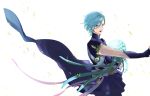  1boy blue_hair dancing dress elbow_gloves fire_emblem fire_emblem_heroes fire_emblem_if gloves highres jewelry necklace nintendo shigure_(fire_emblem_if) solo yellow_eyes 