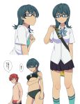  1boy 1girl absurdres bangs bare_chest bikini blue_eyes genderswap genderswap_(mtf) glasses green_hair green_legwear hibiki_yuuta highres kneehighs long_hair male_swimwear medium_hair navel redhead school_uniform shirt ssss.gridman string_bikini swimsuit swimwear tadano_yoshida utsumi_shou 