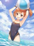  1girl :d armpits arms_up ball bangs bare_arms beachball bikini black_bikini black_scrunchie blue_sky blush breasts brown_hair clouds cloudy_sky collarbone covered_navel dargo day holding leg_up looking_at_viewer ocean one-piece_swimsuit open_mouth orange_hair outdoors princess_connect! princess_connect!_re:dive scrunchie short_hair side_ponytail sky small_breasts smile solo swimsuit upper_teeth wading water wrist_scrunchie 