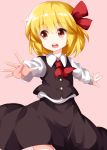  1girl :d ascot black_skirt blonde_hair blouse bow dress_shirt hair_bow hair_ribbon highres long_sleeves open_mouth outstretched_arms pink_background red_bow red_eyes red_neckwear red_ribbon ribbon rumia ruu_(tksymkw) shirt short_hair simple_background skirt skirt_set smile solo touhou vest white_blouse white_shirt 