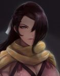  1girl black_hair breasts fire_emblem fire_emblem_if hair_over_one_eye kagerou_(fire_emblem_if) large_breasts leonmandala long_hair looking_at_viewer nintendo ponytail portrait scarf violet_eyes 