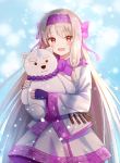  1girl :d ainu_clothes bangs blue_sky blush bow character_doll day eyebrows_visible_through_hair fate/grand_order fate_(series) fingerless_gloves fingernails gloves hair_between_eyes hair_bow hairband highres illyasviel_von_einzbern light_brown_hair long_hair long_sleeves looking_at_viewer nasii object_hug open_mouth outdoors pink_bow pink_hairband purple_gloves red_eyes revision shirou_(fate/grand_order) sidelocks sitonai sky smile snow solo stuffed_animal stuffed_toy teddy_bear very_long_hair wide_sleeves 