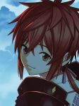  1girl armor blush decoponmagi gloves long_hair looking_at_viewer lora_(xenoblade_2) nintendo parted_lips pauldrons redhead short_hair simple_background smile solo tears xenoblade_(series) xenoblade_2 xenoblade_2:_ogon_no_kuri_ira yellow_eyes 