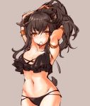  1girl adjusting_hair animal_ears armlet armpits arms_up bangs bikini black_bikini black_hair blush bracelet breasts brown_background brown_eyes commentary conomi-c5 cowboy_shot eyebrows_visible_through_hair frilled_bikini frills groin hair_tie_in_mouth half-closed_eyes hands_in_hair highres horizontal_pupils horns jewelry long_hair looking_at_viewer medium_breasts mouth_hold navel original sheep sheep_ears sheep_horns sheep_tail solo standing swimsuit tail twitter_username 