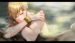  1boy absurdres blonde_hair bracelet crossed_arms fate/stay_night fate_(series) gilgamesh highres jewelry male_focus nude onsen red_eyes solo steam tarao_(13raven) upper_body 