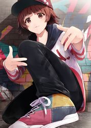  1girl black_pants brown_eyes brown_hair commentary_request eyebrows_visible_through_hair hat idolmaster idolmaster_million_live! kneeling looking_at_viewer multicolored multicolored_footwear nonohara_akane pants ro_risu shoes short_hair solo star 