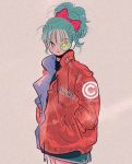  1girl aqua_eyes aqua_hair bow bulma cowboy_shot dragon_ball earphones hair_bow hands_in_pockets jacket long_hair long_sleeves looking_at_viewer moricky ponytail red_bow red_jacket scouter shorts simple_background smile solo 