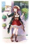  1girl :d atelier_(series) atelier_sophie boots brown_eyes brown_footwear brown_hair cat choker coat corset day frilled_skirt frills full_body green_coat highres jewelry necklace open_clothes open_coat open_mouth outdoors red_skirt shireru_illust short_hair skirt smile solo sophie_neuenmuller standing 