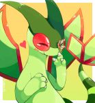  artist_name blush border bug claws commentary creatures_(company) firefly flygon game_freak gen_3_pokemon heart horns insect nintendo no_humans on_nose pokemon pokemon_(creature) purpleninfy red_eyes simple_background smile tail tearing_up white_border wings x) yellow_background 