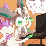  ! alternate_color artist_name bow commentary computer creatures_(company) english_text game_freak gen_6_pokemon green_eyes green_sclera keyboard monitor mouse_(computer) nintendo no_humans number orange_background osu! pokemon purpleninfy ribbon simple_background sweat sylveon tearing_up video_game 