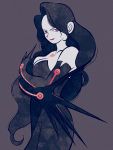  1girl bare_shoulders black_background black_dress black_hair breasts chest_tattoo cleavage collarbone dress elbow_gloves forehead fullmetal_alchemist gloves highres homunculus large_breasts long_hair looking_at_viewer lust ouroboros pale_skin red_eyes simple_background smile solo tattoo uzuta very_long_hair wavy_hair 