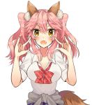  1girl animal_ear_fluff animal_ears blush breasts cleavage clothes_around_waist fang fate/extella fate/extra fate_(series) fox_ears fox_tail jacket_around_waist large_breasts long_hair looking_at_viewer open_mouth pink_hair school_uniform shirt simple_background solo tail tamamo_(fate)_(all) tamamo_jk_(fate) twintails unbuttoned white_background yellow_eyes 