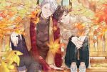  2boys autumn autumn_leaves bench black_pants blue_eyes blurry branch brown_eyes brown_hair brown_shirt day denim depth_of_field expressionless fingernails glasses hair_over_one_eye hand_on_another&#039;s_shoulder hand_rest head_rest interlocked_fingers jacket jeans jewelry katsuki_yuuri leaf light_smile long_sleeves looking_at_viewer male_focus multiple_boys outdoors pants ring scarf shirt short_hair silver_hair sitting sweater tree viktor_nikiforov watch watch white_footwear yuri!!!_on_ice 