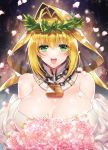  1girl :d ahoge blonde_hair bouquet breasts bride chains cleavage detached_collar fate/grand_order fate_(series) flower green_eyes hair_intakes head_wreath holding holding_bouquet huge_breasts kurumi_moka lock looking_at_viewer nero_claudius_(bride)_(fate) nero_claudius_(fate)_(all) open_mouth padlock petals pink_flower pink_rose puffy_sleeves revision rose rose_petals short_hair smile solo sparkle upper_body veil white_flower white_sleeves 