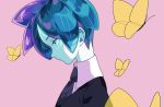  1other androgynous aqua_eyes aqua_hair blue_eyes blue_hair bug butterfly colored_eyelashes crystal_hair gem_uniform_(houseki_no_kuni) hanasaki_coa houseki_no_kuni insect necktie phosphophyllite pink_background profile short_hair solo upper_body white_skin 