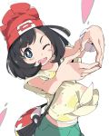  1girl ;d bag beanie black_hair blue_eyes creatures_(company) eyebrows_visible_through_hair game_freak hat heart heart_hands ixy looking_at_viewer midriff mizuki_(pokemon) nintendo one_eye_closed open_mouth pokemon pokemon_(game) pokemon_sm red_hat short_hair simple_background smile solo white_background 