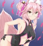  1girl alternate_hairstyle animal_ear_fluff animal_ears blush breasts chinese_clothes collarbone fate/grand_order fate_(series) fox_ears fox_tail glasses gloves highres koyanskaya large_breasts looking_at_viewer niku114514810 pink_hair sideboob smile solo tail tamamo_(fate)_(all) under_boob yellow_eyes 