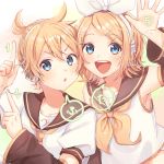  1boy 1girl :d :o blonde_hair blue_eyes brother_and_sister close-up commentary detached_sleeves eyebrows_visible_through_hair fingernails frown hair_ribbon happy headset index_finger_raised kagamine_len kagamine_rin looking_at_viewer number open_mouth oto_(8731832) puffy_short_sleeves puffy_sleeves ribbon sailor_collar shirt short_hair short_sleeves siblings smile speech_bubble translated twins upper_body v-shaped_eyebrows vocaloid white_ribbon white_shirt yellow_ribbon 