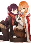  2girls :d :o arm_support bangs belt bent_over black_gloves black_jacket black_legwear blazer blunt_bangs blush braid breasts breath brown_skirt cloak commentary_request enpera eyebrows_visible_through_hair girls_frontline gloves green_eyes hair_between_eyes hand_up jacket kneeling large_breasts long_hair long_sleeves looking_at_viewer luse_maonang m1903_springfield_(girls_frontline) miniskirt multiple_girls necktie one_side_up open_mouth orange_hair pantyhose parted_lips plaid plaid_skirt pleated_skirt purple_hair red_eyes red_neckwear red_ribbon red_scarf ribbed_sweater ribbon scarf sidelocks simple_background single_braid sitting skirt sleeves_past_wrists smile sweater turtleneck turtleneck_sweater wa2000_(girls_frontline) wariza white_background white_gloves 