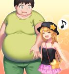  1boy 1girl bag black_hat blonde_hair blush bow braid closed_eyes collarbone cookie_(touhou) eyebrows_visible_through_hair facing_another fat fat_man flat_chest hair_bow handbag hat height_difference highres holding_hand long_hair looking_at_viewer musical_note open_mouth pink_skirt red_bow short_hair skirt smile spoken_musical_note star suzu_(cookie) suzuki_(cookie) tarmo touhou ugly_man 