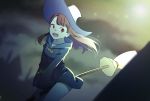  1girl :d black_dress blurry blurry_background blurry_foreground broom broom_riding brown_hair canon_(aria) collarbone dress eyebrows_visible_through_hair floating_hair hat highres hood hood_down hooded_dress kagari_atsuko lens_flare little_witch_academia long_hair long_sleeves looking_to_the_side open_mouth red_eyes short_dress smile solo white_hat witch_hat 