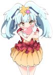  1girl bangs blue_hair blunt_bangs blush daidaiiro gloves hair_ornament hair_ribbon heart highres hoshikawa_lily red_eyes ribbon skirt solo star star_hair_ornament twintails zombie zombie_land_saga 