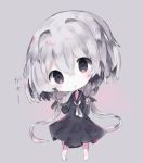  1girl :o bangs barefoot black_dress black_eyes black_sailor_collar blush chibi commentary_request cottontailtokki dress eyebrows_visible_through_hair full_body grey_background grey_hair grey_neckwear hair_between_eyes head_tilt konno_junko long_hair long_sleeves looking_at_viewer low_twintails parted_lips sailor_collar sailor_dress sidelocks sleeves_past_wrists solo standing translated twintails very_long_hair zombie_land_saga 