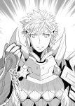  1boy armor closed_mouth fire_emblem fire_emblem_heroes greyscale hair_ornament hrid_(fire_emblem_heroes) monochrome nintendo ouzisamafe short_hair smile solo spiky_hair upper_body 