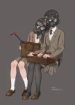  2girls bag black_hair black_legwear crowbar gas_mask hammer invisible_chair kneehighs leaning_on_person loafers multiple_girls necktie original pantyhose school_bag school_uniform shoes shokugyo short_hair simple_background sitting white_legwear 