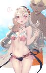  1boy 1girl bikini bikini_top blush breasts female_my_unit_(fire_emblem_if) fire_emblem fire_emblem_cipher fire_emblem_if hairband jewelry large_breasts long_hair looking_at_viewer mamkute my_unit_(fire_emblem_if) navel necklace negiwo nintendo pointy_ears red_eyes seashell shell shell_bikini simple_background smile solo swimsuit twitter_username white_hair 