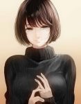  1girl backlighting bangs black_eyes black_hair black_sweater bob_cut breasts commentary_request eyebrows_visible_through_hair eyelashes highres jewelry large_breasts looking_at_viewer original ring smile solo sweater turtleneck turtleneck_sweater upper_body wedding_band yuushin 