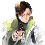  1boy apex_legends bangs black_shirt brown_eyes brown_hair collarbone crypto_(apex_legends) expressionless jacket jewelry looking_to_the_side male_focus necklace parted_bangs portrait sentinel_ga_koku_ni_aru shirt solo white_jacket 
