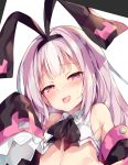  1girl animal_ears azur_lane bare_shoulders blush commentary_request detached_sleeves ears eyebrows eyebrows_visible_through_hair fake_animal_ears hobby_(azur_lane) long_hair looking_at_viewer open_mouth pink_eyes pink_hair rabbit_ears simple_background smile solo sweat sweatdrop tears tongue tongue_out unacchi_(nyusankin) white_background 
