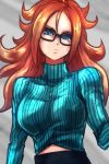  1girl alternate_costume android_21 black-framed_eyewear blue_eyes blue_sweater breasts brown_hair curly_hair dragon_ball dragon_ball_fighterz glasses large_breasts long_hair looking_at_viewer ribbed_sweater solo st62svnexilf2p9 sweater turtleneck turtleneck_sweater upper_body 