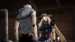  2boys blonde_hair grey_hair gun gyro_zeppeli hachuart handgun highres jojo_no_kimyou_na_bouken long_hair looking_at_another multiple_boys official_style pistol ringo_roadagain short_hair silk spider_web stare_down steel_ball_run twitter_username weapon 