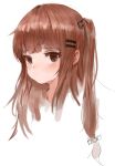  1girl bangs blush brown_eyes brown_hair closed_mouth commentary_request dokomon eyebrows_visible_through_hair girls_frontline hair_ornament hairclip k-2_(girls_frontline) korean_commentary long_hair looking_at_viewer one_side_up portrait simple_background solo white_background 