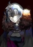  1girl absurdres black_background breasts chains fate/grand_order fate_(series) fur_trim grin headpiece highres hoge jeanne_d&#039;arc_(alter)_(fate) jeanne_d&#039;arc_(fate)_(all) looking_at_viewer medium_breasts parted_lips short_hair silver_hair smile solo tarao_(13raven) yellow_eyes 