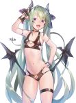  1girl :d \n/ arm_strap arm_up bangs bare_arms bare_shoulders bikini black_bikini black_gloves breasts choker collarbone commentary_request contrapposto cowboy_shot deluxe&lt;&lt;&lt; demon_girl demon_horns demon_wings eyebrows_visible_through_hair eyes_visible_through_hair fang fingerless_gloves gloves green_hair hand_on_hip heart heart_choker heart_ring heart_ring_bottom heart_ring_top highres horns long_hair looking_at_viewer low_wings navel open_mouth original pointy_ears ryisu_(deluxe&lt;&lt;&lt;) simple_background slit_pupils small_breasts smile solo standing stomach swimsuit thigh_strap twintails v-shaped_eyebrows very_long_hair violet_eyes white_background wings 