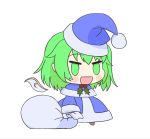  1girl akiteru98 blue_dress bow capelet christmas daiyousei dress fairy_wings fate/extra fate/grand_order fate_(series) green_hair hat highres nero_claudius_(fate) nero_claudius_(fate)_(all) padoru sack santa_costume santa_hat smile touhou wings 