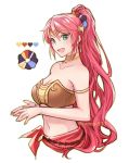  1girl :d armlet breasts choker cleavage collarbone eyebrows_visible_through_hair green_eyes hair_between_eyes hair_ornament high_ponytail large_breasts long_hair looking_at_viewer midriff navel nunun open_mouth pyrrha_nikos redhead rwby simple_background smile solo stomach strapless twitter_username very_long_hair white_background 