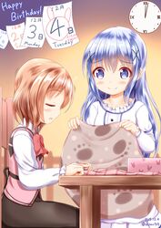  2girls bangs black_skirt blue_eyes blue_hair blush bow chair clock closed_eyes closed_mouth collared_shirt commentary_request eyebrows_visible_through_hair frilled_shirt frills gochuumon_wa_usagi_desu_ka? hair_between_eyes hair_ornament holding hoto_cocoa kafuu_chino light_brown_hair long_hair long_sleeves monday multiple_girls on_chair parted_lips pink_vest pleated_skirt red_bow roman_numerals shirt sitting skirt sleeping sleeping_upright sleeves_past_wrists smile standing sunday table tuesday very_long_hair vest white_shirt white_skirt x_hair_ornament zenon_(for_achieve) 