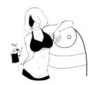  abs breasts cleavage covered_eyes florkofcows greyscale highres holding holding_sword holding_weapon leaning_on_person medium_breasts monochrome navel nier_(series) short_hair signature sports_bra sword weapon yorha_no._2_type_b 